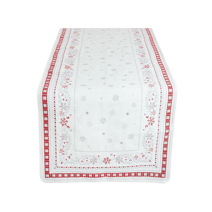 Jacquard table runner, from the Christmas collection Minuit. Ecru-Red color