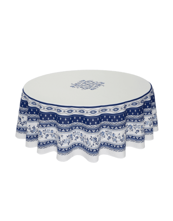 Round centered tablecloth Avignon made with printed coton, blue color.