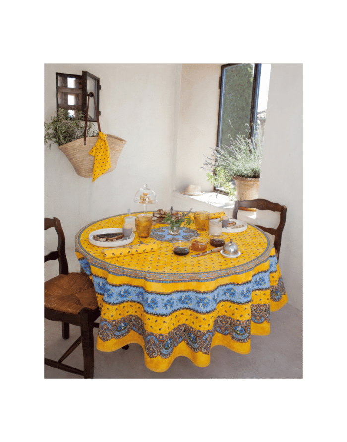 Round centered tablecloth made with printed cotton - Tradition yellow