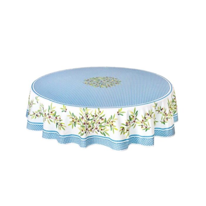 Round tablecloth Nyons Azur made with printed cotton, Azur color.