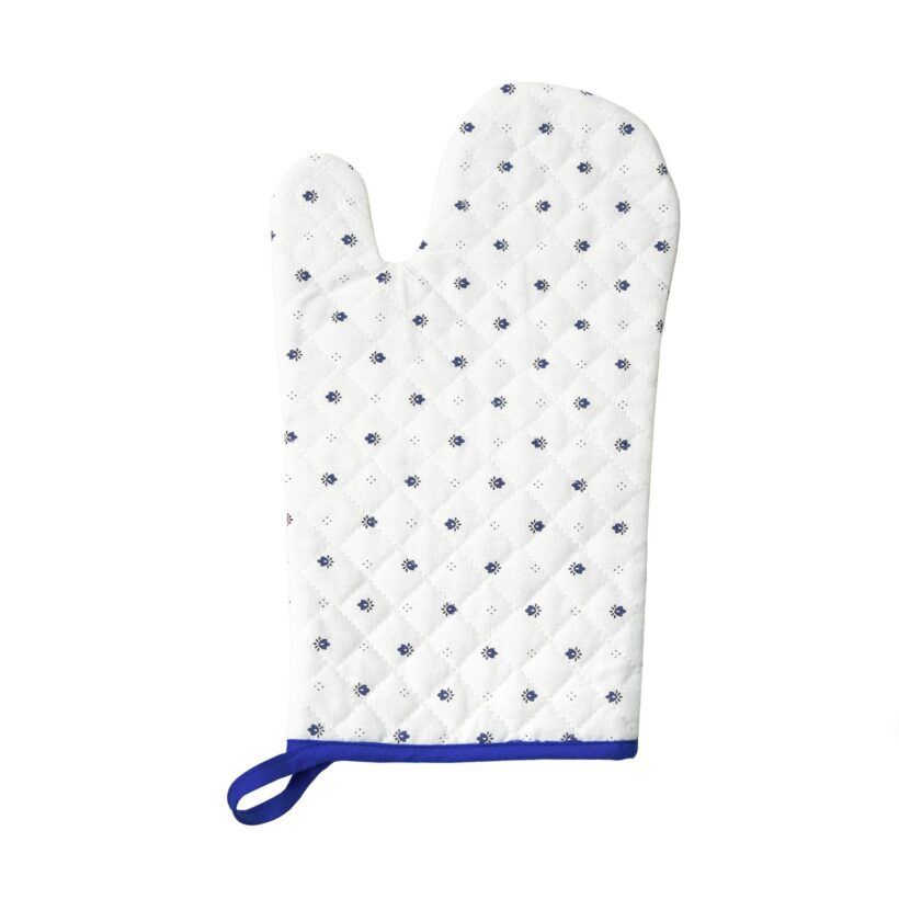 Gant-Calisson-blanc-bleu Gant de cuisine en coton écru bleu avec motifs Calissons