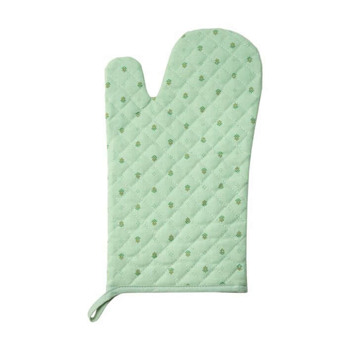 Cotton oven glove, green beige with calisson pattern.