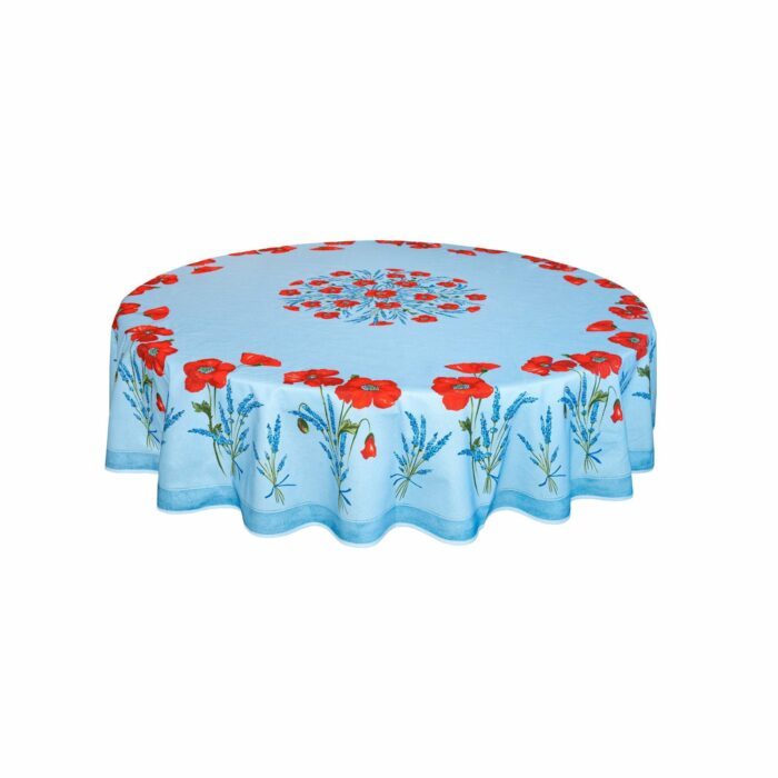Round tablecloth with coquelicot lavande patterns, blue colors